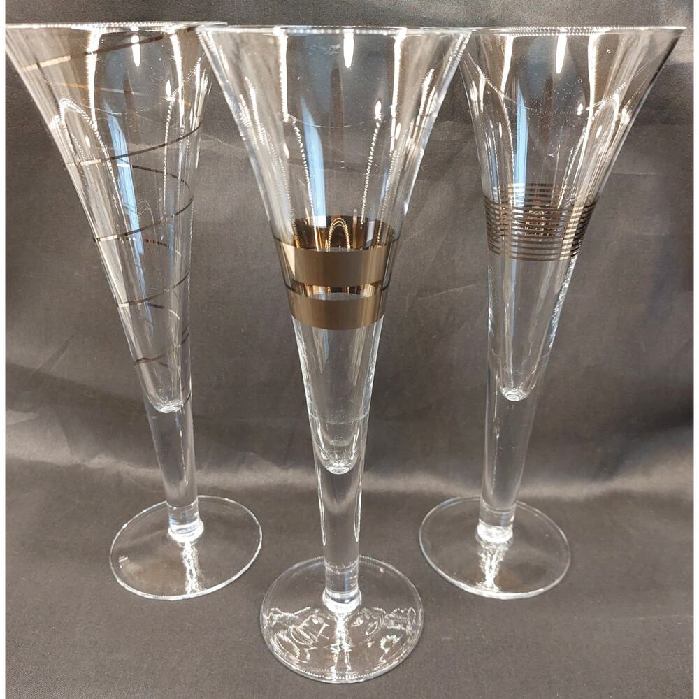Set of 3 Champagne Toasting Flutes with Metallic Designs